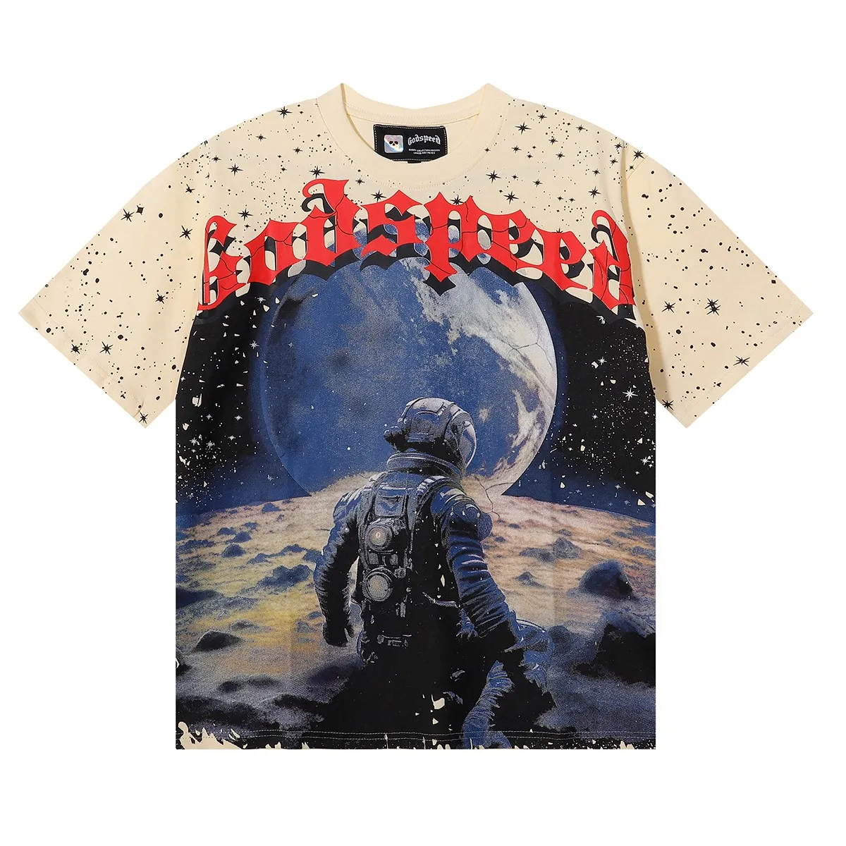 No. 7072, Mechao Godspeed astronaut Earth starry print high quality double yarn pure cotton casual short-sleeved T-shirt batch 110 Color: black and red, apricot, black and yellow