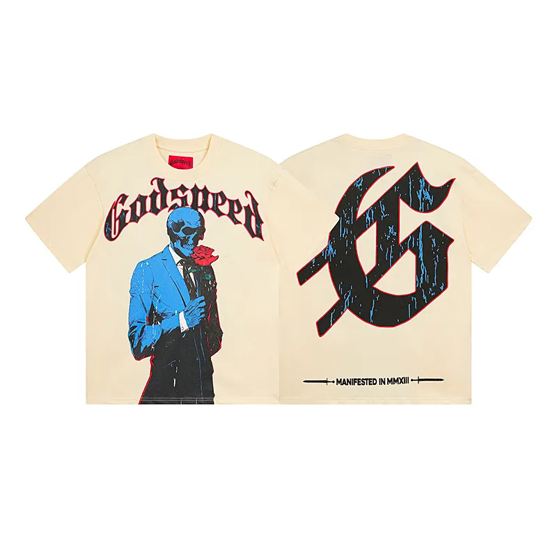 3028# P110 Real shot Godspeed American fashion rock street retro loose printed cotton short sleeves Fabric: 240g 32 count fine cotton double yarn pure cotton Color: apricot Size: S M L XL