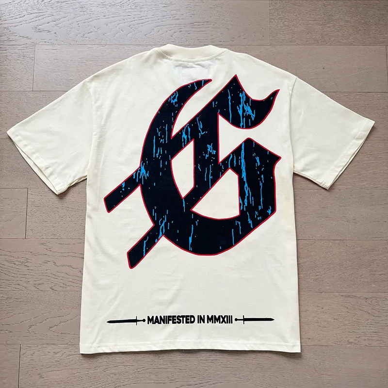3028# P110 Real shot Godspeed American fashion rock street retro loose printed cotton short sleeves Fabric: 240g 32 count fine cotton double yarn pure cotton Color: apricot Size: S M L XL
