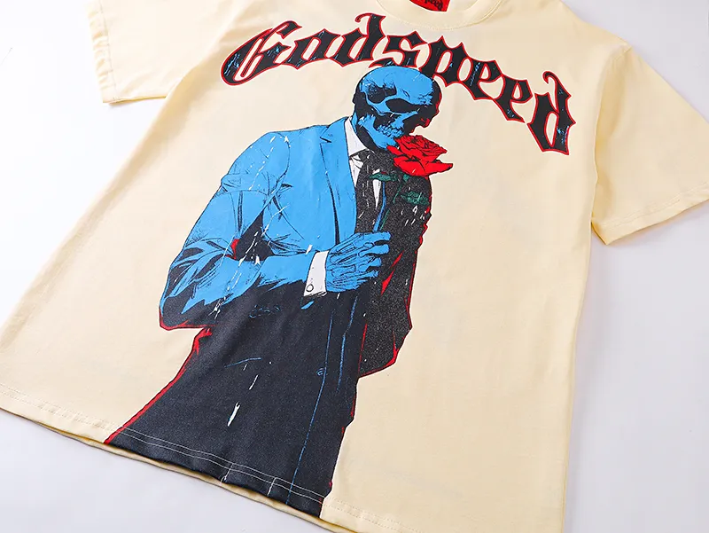 3028# P110 Real shot Godspeed American fashion rock street retro loose printed cotton short sleeves Fabric: 240g 32 count fine cotton double yarn pure cotton Color: apricot Size: S M L XL