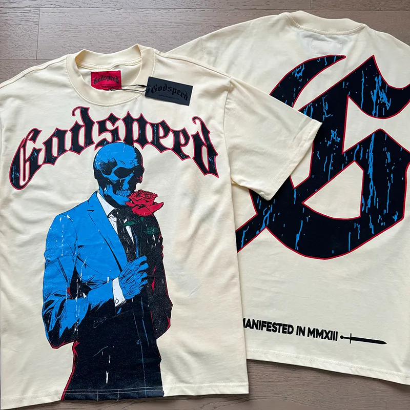 3028# P110 Real shot Godspeed American fashion rock street retro loose printed cotton short sleeves Fabric: 240g 32 count fine cotton double yarn pure cotton Color: apricot Size: S M L XL