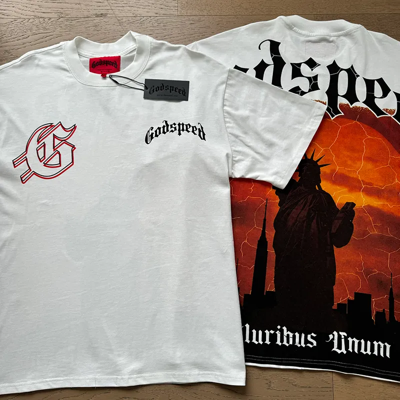 3072# P110 Real shot Godspeed American trendy rock and roll street retro loose printed cotton short sleeves Fabric: 240g 32 count fine cotton double yarn pure cotton Color: off-white Size: S M L XL