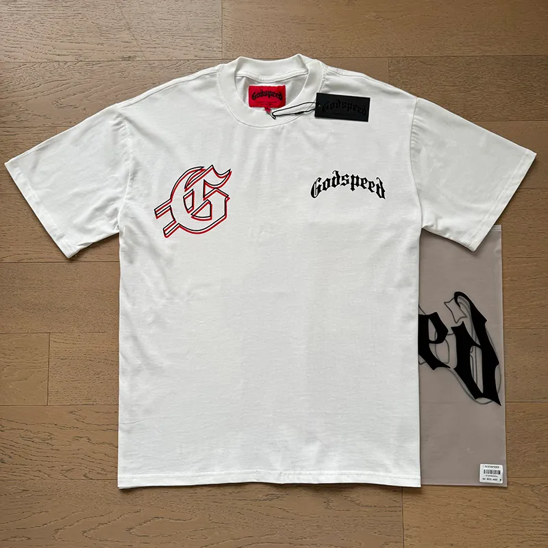 3072# P110 Real shot Godspeed American trendy rock and roll street retro loose printed cotton short sleeves Fabric: 240g 32 count fine cotton double yarn pure cotton Color: off-white Size: S M L XL