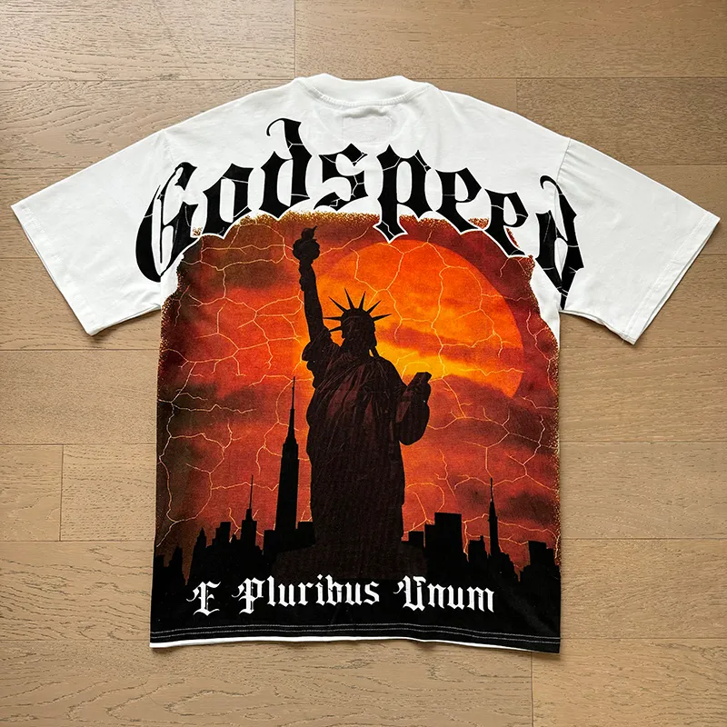 3072# P110 Real shot Godspeed American trendy rock and roll street retro loose printed cotton short sleeves Fabric: 240g 32 count fine cotton double yarn pure cotton Color: off-white Size: S M L XL