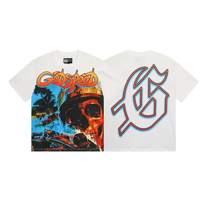 3121# P106 Real shot Godspeed American fashion rock street retro loose printed cotton short sleeves Fabric: 240g 32 count fine cotton double yarn pure cotton Color: off-white Size: S M L XL