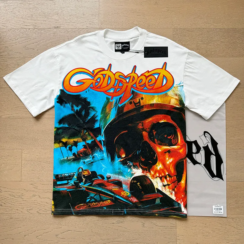 3121# P106 Real shot Godspeed American fashion rock street retro loose printed cotton short sleeves Fabric: 240g 32 count fine cotton double yarn pure cotton Color: off-white Size: S M L XL