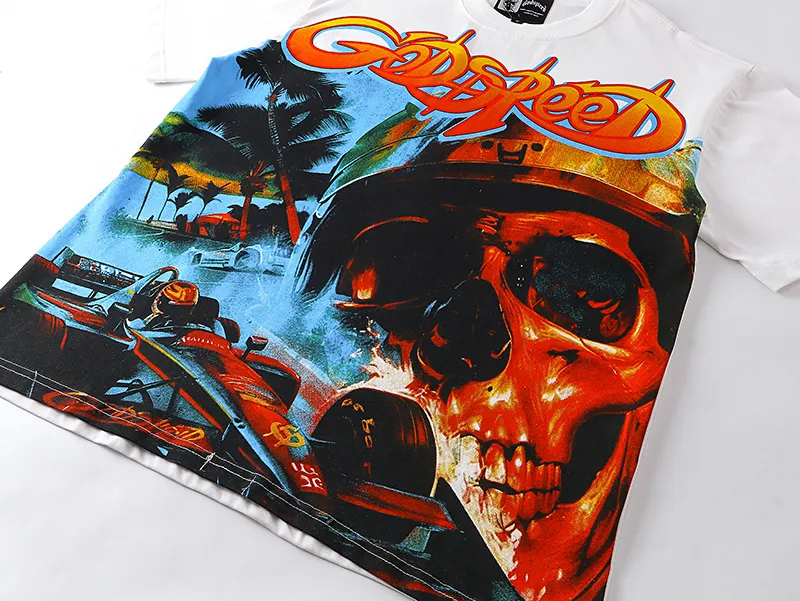 3121# P106 Real shot Godspeed American fashion rock street retro loose printed cotton short sleeves Fabric: 240g 32 count fine cotton double yarn pure cotton Color: off-white Size: S M L XL