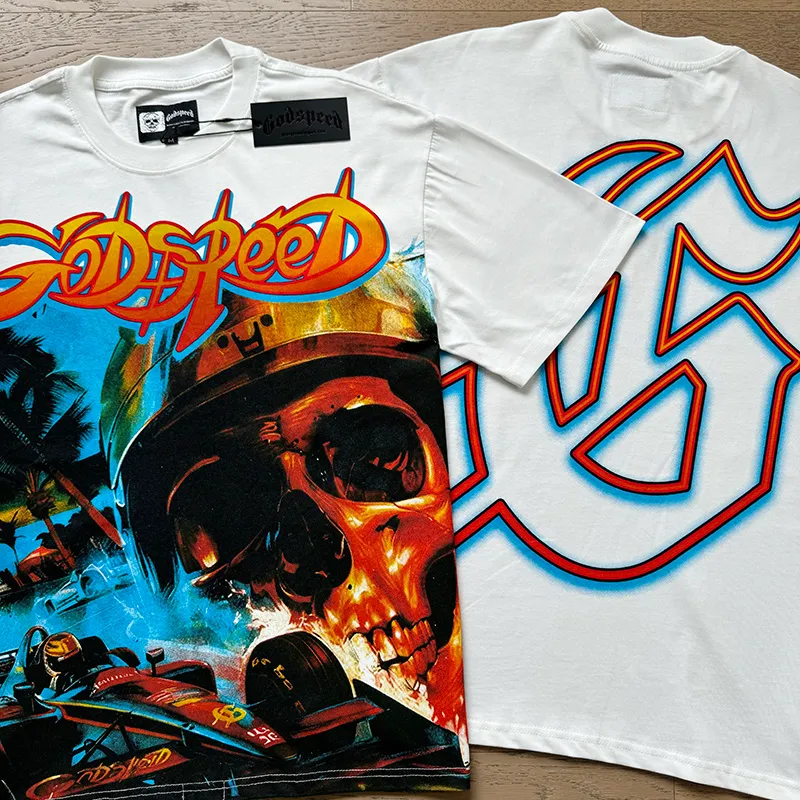 3121# P106 Real shot Godspeed American fashion rock street retro loose printed cotton short sleeves Fabric: 240g 32 count fine cotton double yarn pure cotton Color: off-white Size: S M L XL