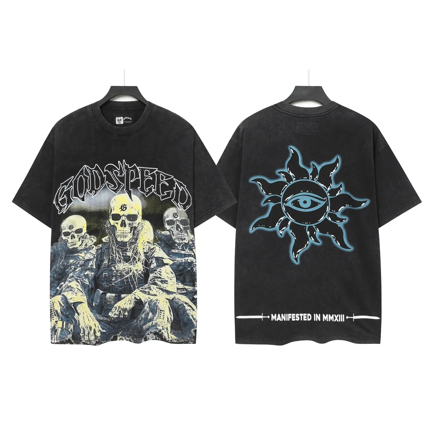 6067# washed black | P116 Godspeed cross-border American rock and roll street washed retro style short-sleeved T (craft printing) fabric (fabric): 32 count combed double yarn 250 grams weight code number (size): S-M-L-XL color (colour): washed black
