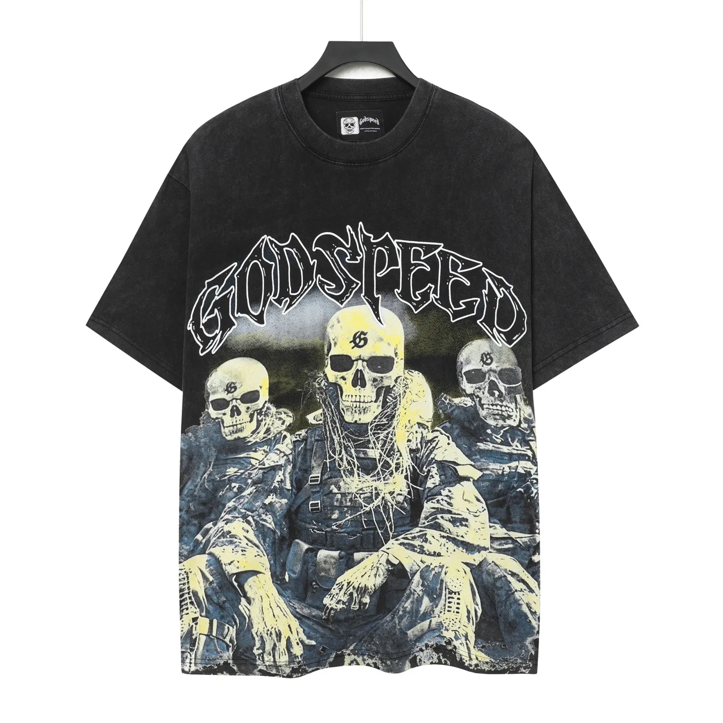 6067# washed black | P116 Godspeed cross-border American rock and roll street washed retro style short-sleeved T (craft printing) fabric (fabric): 32 count combed double yarn 250 grams weight code number (size): S-M-L-XL color (colour): washed black