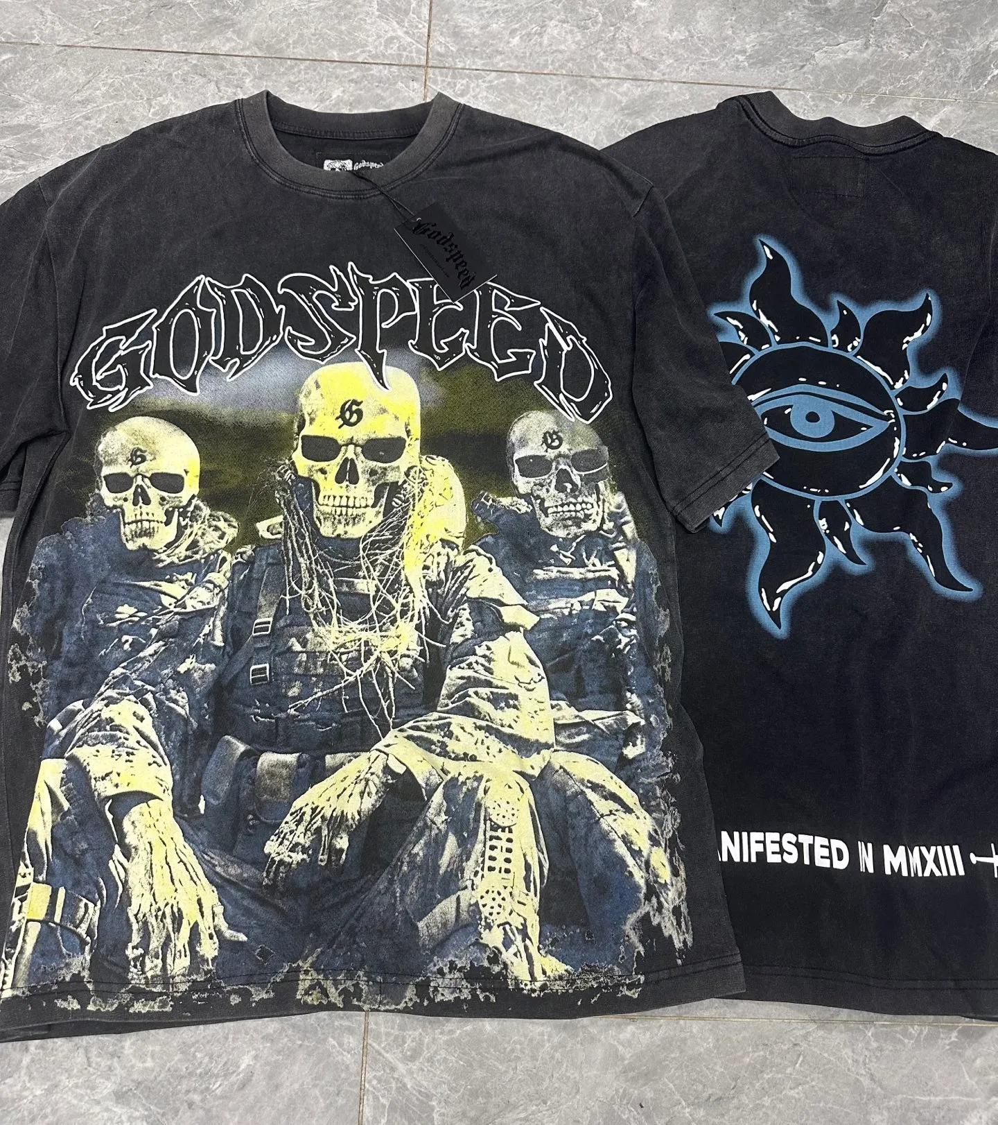 6067# washed black | P116 Godspeed cross-border American rock and roll street washed retro style short-sleeved T (craft printing) fabric (fabric): 32 count combed double yarn 250 grams weight code number (size): S-M-L-XL color (colour): washed black