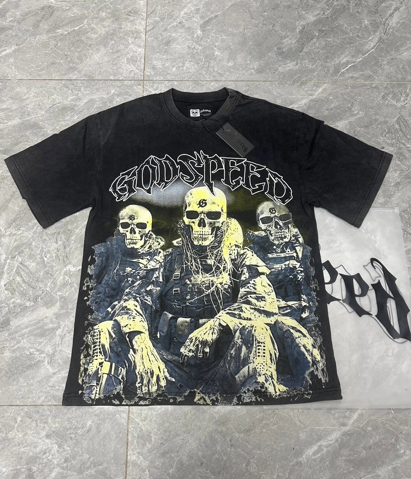 6067# washed black | P116 Godspeed cross-border American rock and roll street washed retro style short-sleeved T (craft printing) fabric (fabric): 32 count combed double yarn 250 grams weight code number (size): S-M-L-XL color (colour): washed black