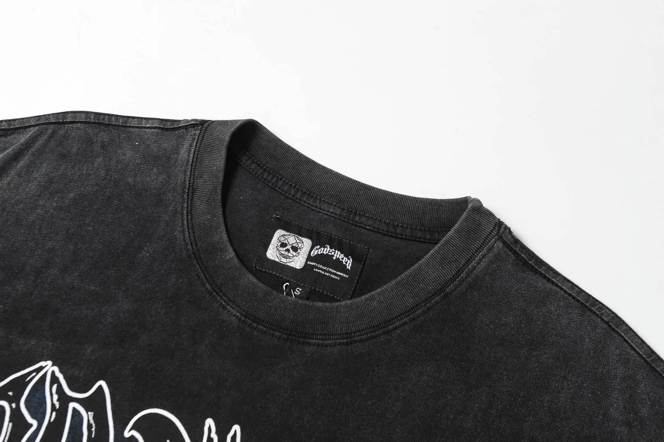 6067# washed black | P116 Godspeed cross-border American rock and roll street washed retro style short-sleeved T (craft printing) fabric (fabric): 32 count combed double yarn 250 grams weight code number (size): S-M-L-XL color (colour): washed black