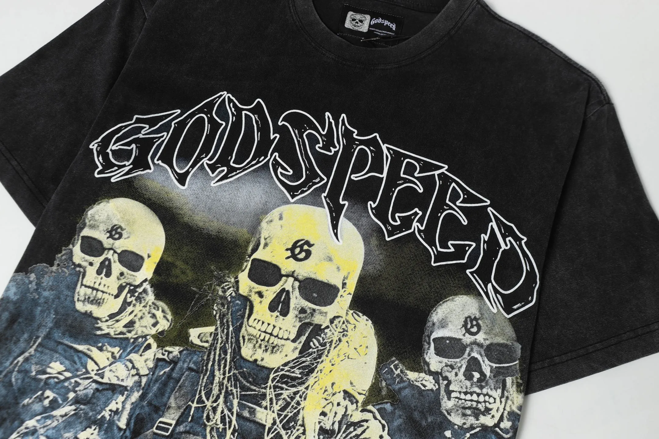 6067# washed black | P116 Godspeed cross-border American rock and roll street washed retro style short-sleeved T (craft printing) fabric (fabric): 32 count combed double yarn 250 grams weight code number (size): S-M-L-XL color (colour): washed black