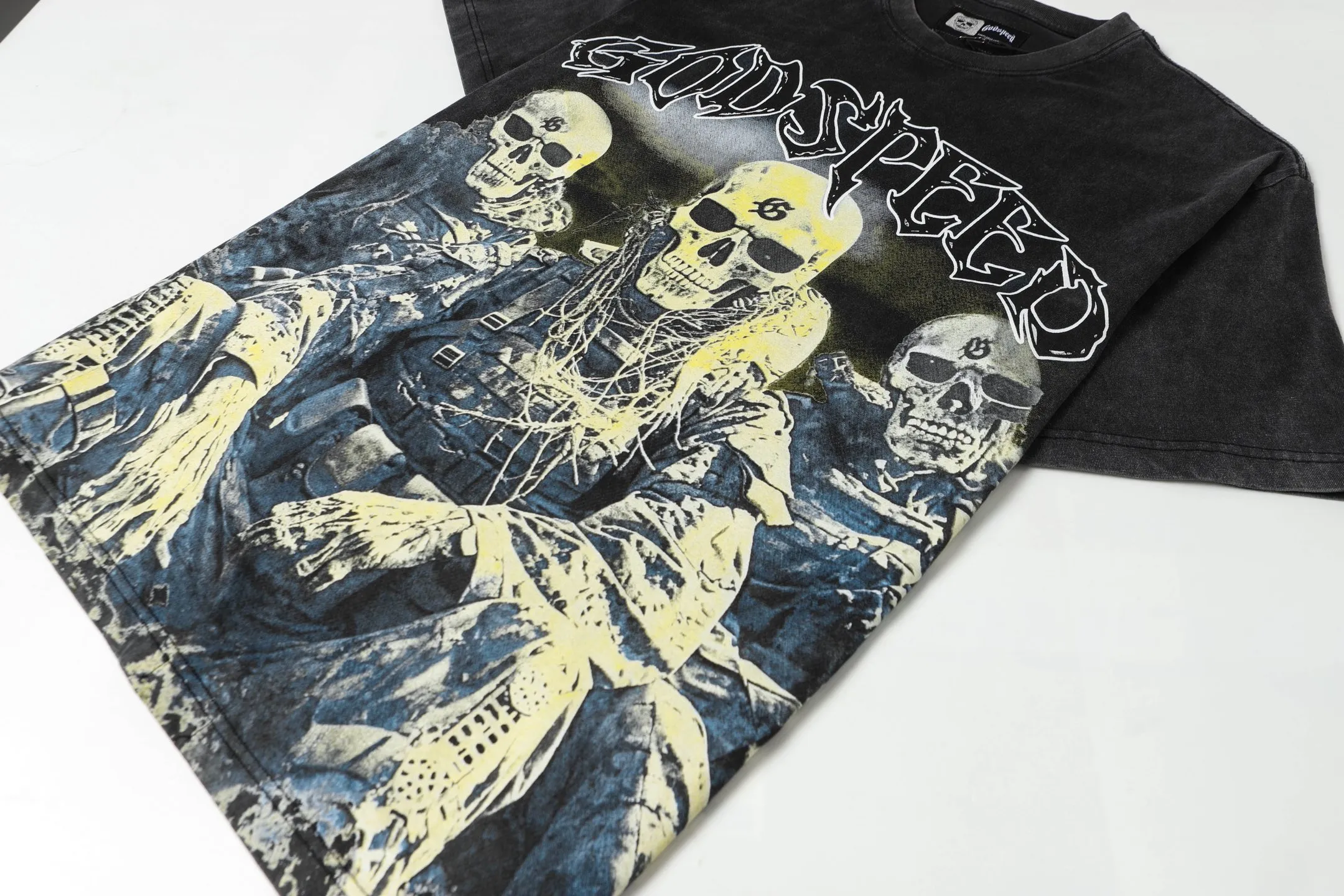 6067# washed black | P116 Godspeed cross-border American rock and roll street washed retro style short-sleeved T (craft printing) fabric (fabric): 32 count combed double yarn 250 grams weight code number (size): S-M-L-XL color (colour): washed black