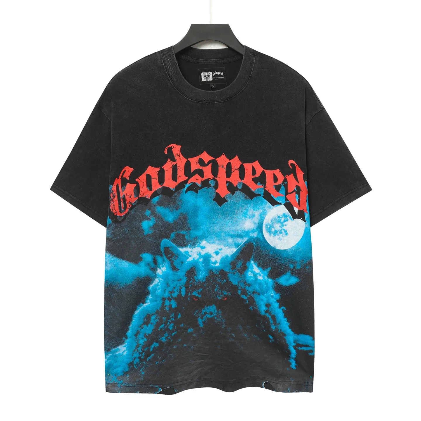 6073#washed black｜P116 Godspeed cross-border American rock and roll street washed retro style short-sleeved T (craft printing) fabric (fabric): 32 count combed double yarn 250g weight code number (size): S-M-L-XL color (colour): washed black 👉