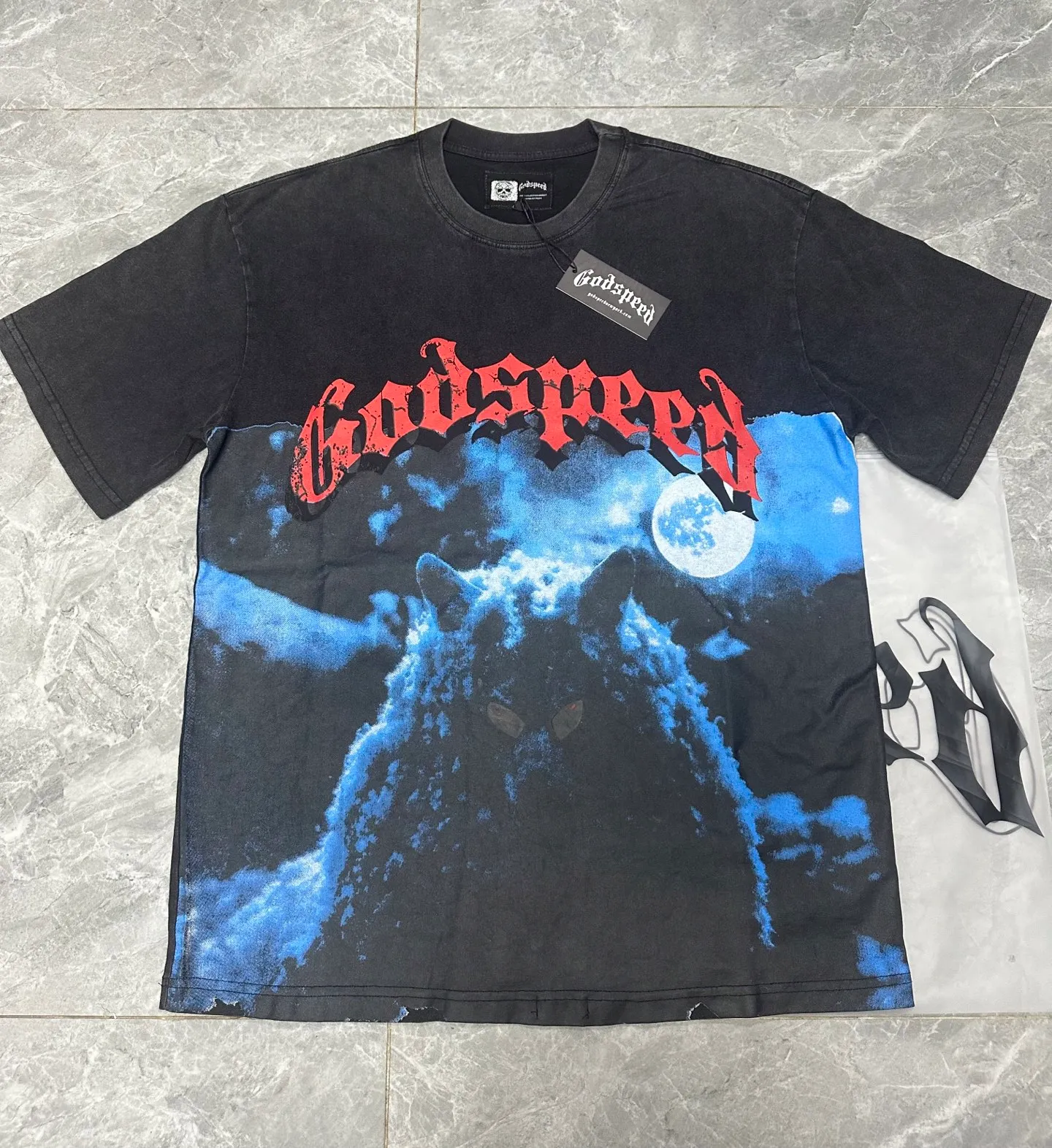 6073#washed black｜P116 Godspeed cross-border American rock and roll street washed retro style short-sleeved T (craft printing) fabric (fabric): 32 count combed double yarn 250g weight code number (size): S-M-L-XL color (colour): washed black 👉