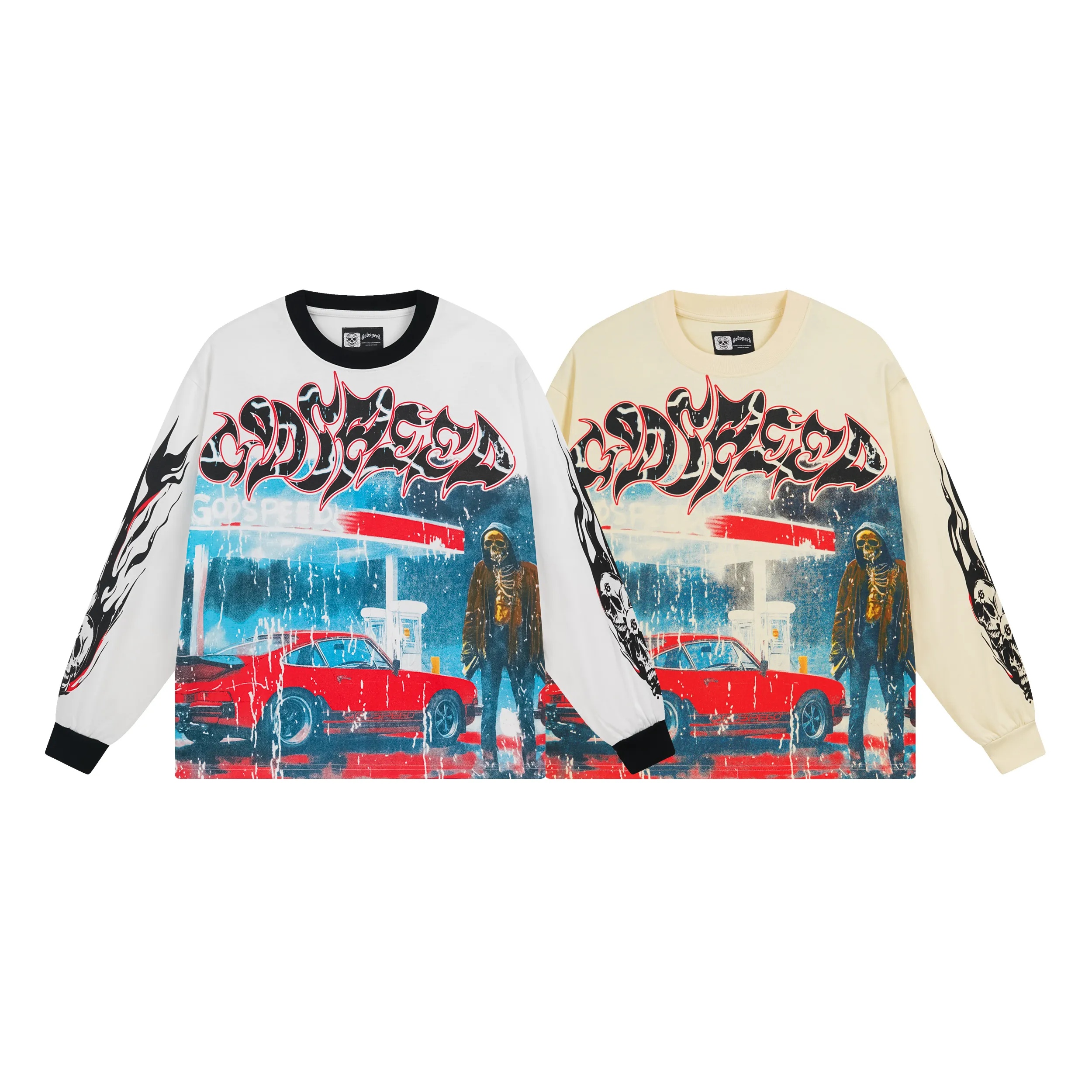 3101# P140 Real shot of Godspeed American fashion rock street pure cotton loose bottoming long-sleeved T-shirt long T-shirt Fabric: 270g 32-count fine cotton double yarn pure cotton Color: off-white Size: S M L XL