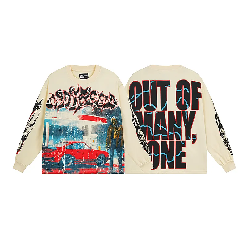 3101# P140 Real shot of Godspeed American fashion rock street pure cotton loose bottoming long-sleeved T-shirt long T-shirt Fabric: 270g 32-count fine cotton double yarn pure cotton Color: off-white Size: S M L XL