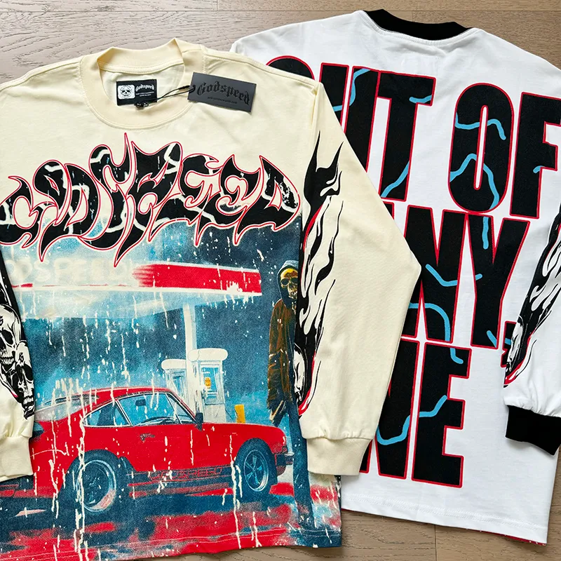 3101# P140 Real shot of Godspeed American fashion rock street pure cotton loose bottoming long-sleeved T-shirt long T-shirt Fabric: 270g 32-count fine cotton double yarn pure cotton Color: off-white Size: S M L XL