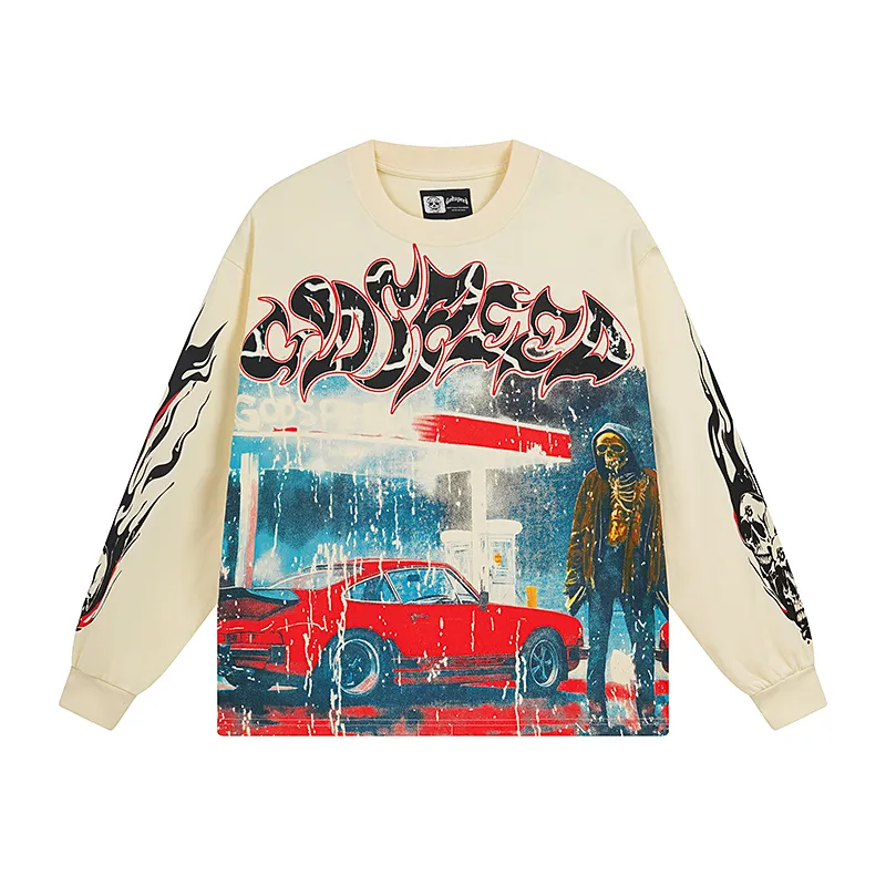 3101# P140 Real shot of Godspeed American fashion rock street pure cotton loose bottoming long-sleeved T-shirt long T-shirt Fabric: 270g 32-count fine cotton double yarn pure cotton Color: off-white Size: S M L XL