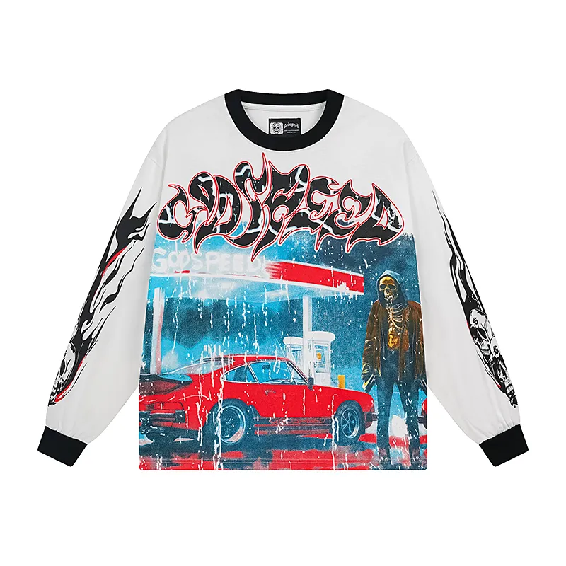 3101# P140 Real shot of Godspeed American fashion rock street pure cotton loose bottoming long-sleeved T-shirt long T-shirt Fabric: 270g 32-count fine cotton double yarn pure cotton Color: off-white Size: S M L XL