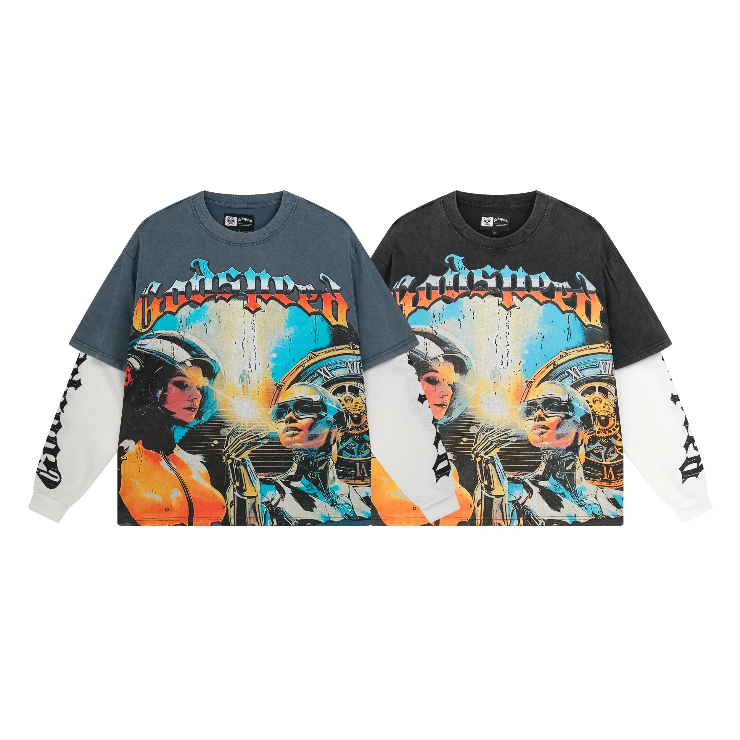 1153# P170 Real shot of Godspeed American fashion street retro washed and distressed fake two-piece pure cotton long T. Fabric: 270g 32 count fine cotton double yarn pure cotton Color: washed black washed blue code number: S M L XL