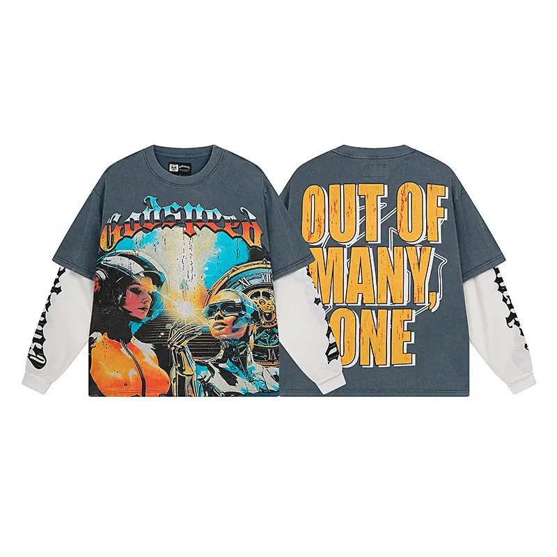 1153# P170 Real shot of Godspeed American fashion street retro washed and distressed fake two-piece pure cotton long T. Fabric: 270g 32 count fine cotton double yarn pure cotton Color: washed black washed blue code number: S M L XL