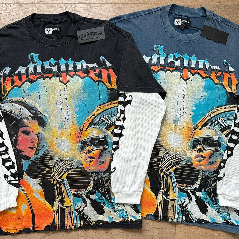 1153# P170 Real shot of Godspeed American fashion street retro washed and distressed fake two-piece pure cotton long T. Fabric: 270g 32 count fine cotton double yarn pure cotton Color: washed black washed blue code number: S M L XL