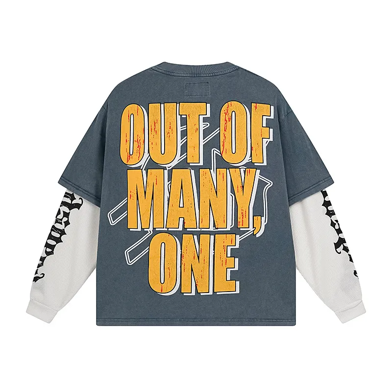 1153# P170 Real shot of Godspeed American fashion street retro washed and distressed fake two-piece pure cotton long T. Fabric: 270g 32 count fine cotton double yarn pure cotton Color: washed black washed blue code number: S M L XL