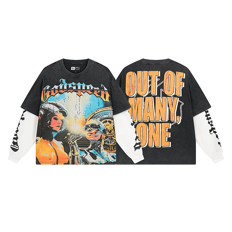 1153# P170 Real shot of Godspeed American fashion street retro washed and distressed fake two-piece pure cotton long T. Fabric: 270g 32 count fine cotton double yarn pure cotton Color: washed black washed blue code number: S M L XL