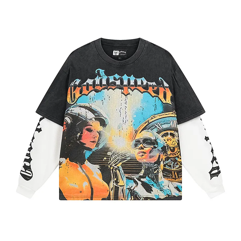 1153# P170 Real shot of Godspeed American fashion street retro washed and distressed fake two-piece pure cotton long T. Fabric: 270g 32 count fine cotton double yarn pure cotton Color: washed black washed blue code number: S M L XL