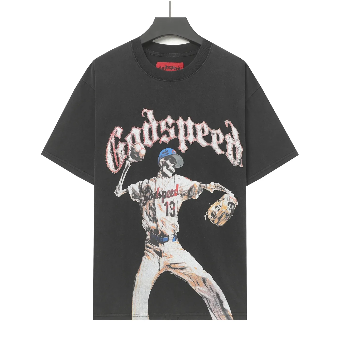 6013#washed black｜P116 Godspeed cross-border American rock and roll street washed retro style short-sleeved T (craft printing) fabric (fabric): 32 count combed double yarn 250g weight size (size): S-M-L-XL color (colour): washed black 👉