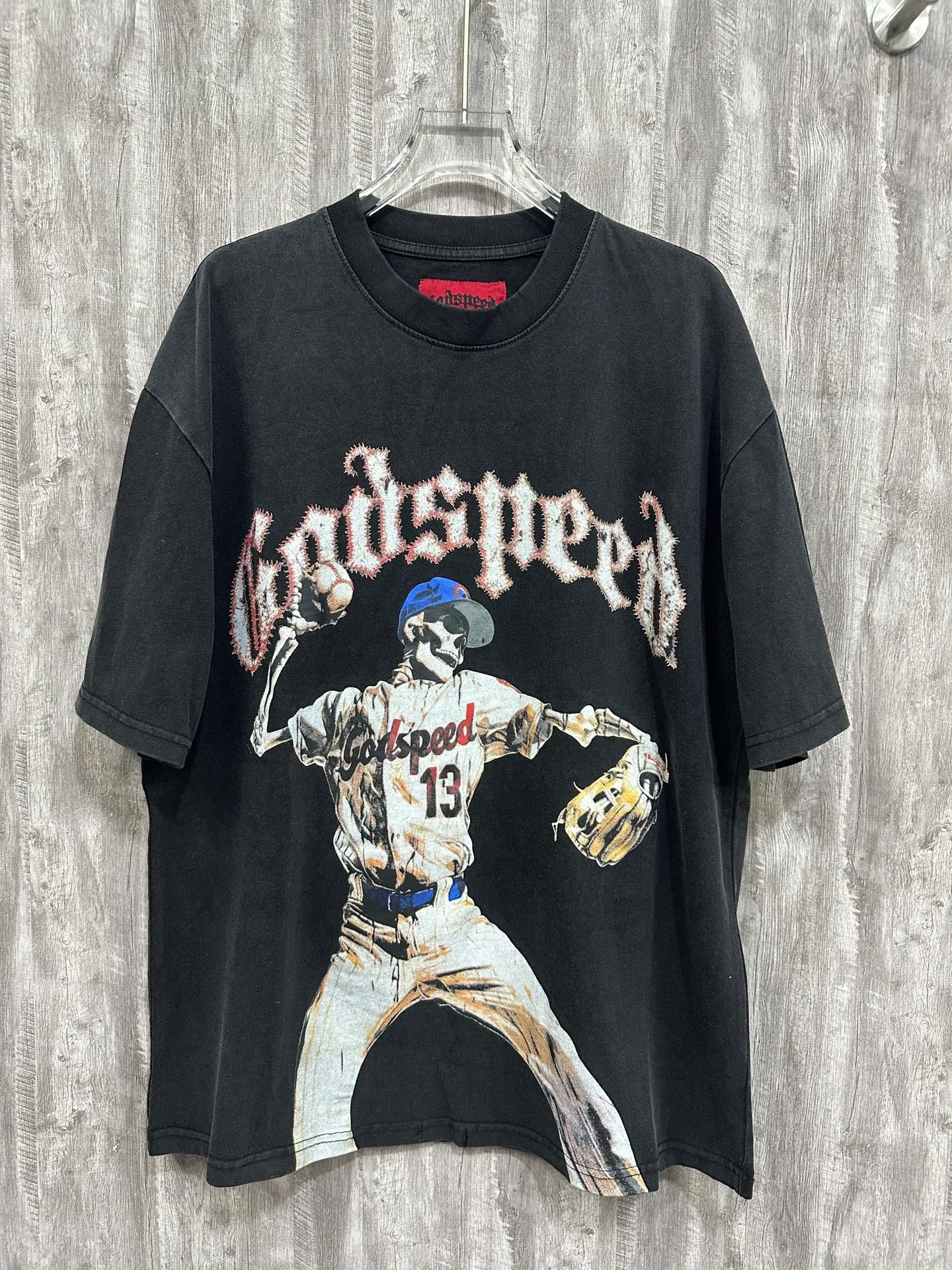 6013#washed black｜P116 Godspeed cross-border American rock and roll street washed retro style short-sleeved T (craft printing) fabric (fabric): 32 count combed double yarn 250g weight size (size): S-M-L-XL color (colour): washed black 👉