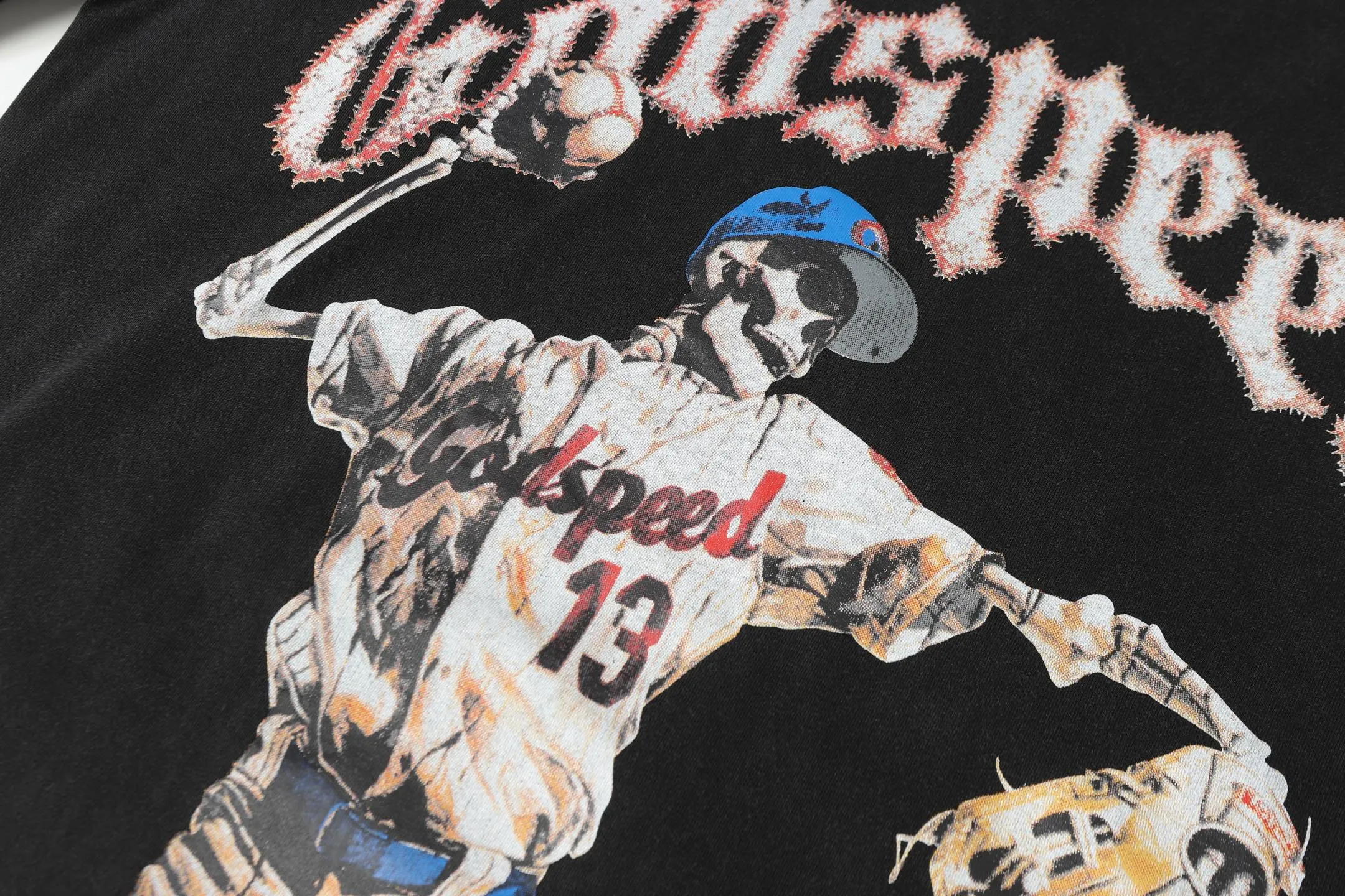 6013#washed black｜P116 Godspeed cross-border American rock and roll street washed retro style short-sleeved T (craft printing) fabric (fabric): 32 count combed double yarn 250g weight size (size): S-M-L-XL color (colour): washed black 👉