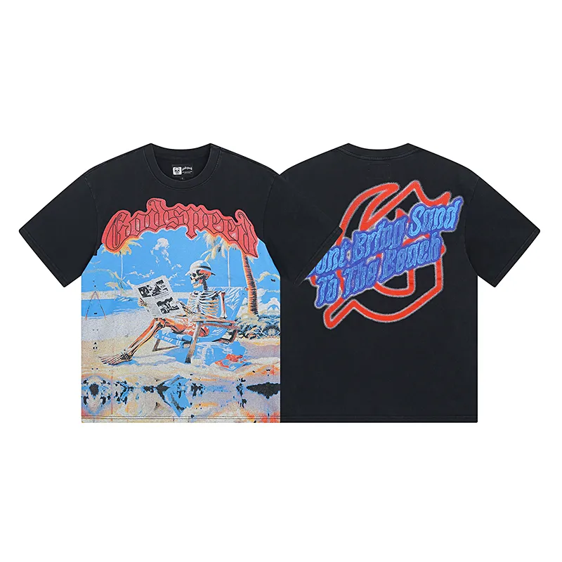 1022# P126 Washed Black Real Shot Godspeed American Fashion Rock Street Retro Washed Distressed Printed Cotton Short Sleeves Fabric: 250g 32 Count Fine Cotton Double Yarn Pure Cotton Color: Washed Black Size: S M L XL