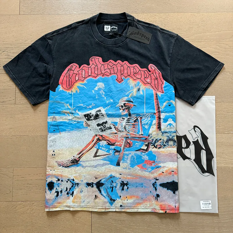 1022# P126 Washed Black Real Shot Godspeed American Fashion Rock Street Retro Washed Distressed Printed Cotton Short Sleeves Fabric: 250g 32 Count Fine Cotton Double Yarn Pure Cotton Color: Washed Black Size: S M L XL
