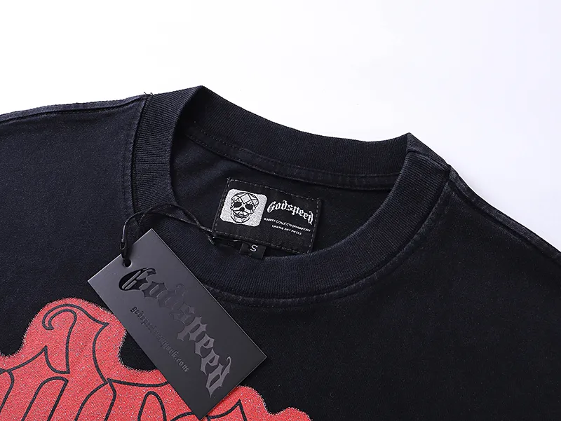 1022# P126 Washed Black Real Shot Godspeed American Fashion Rock Street Retro Washed Distressed Printed Cotton Short Sleeves Fabric: 250g 32 Count Fine Cotton Double Yarn Pure Cotton Color: Washed Black Size: S M L XL