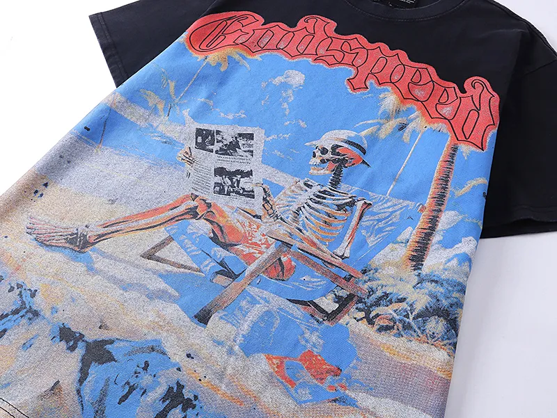 1022# P126 Washed Black Real Shot Godspeed American Fashion Rock Street Retro Washed Distressed Printed Cotton Short Sleeves Fabric: 250g 32 Count Fine Cotton Double Yarn Pure Cotton Color: Washed Black Size: S M L XL