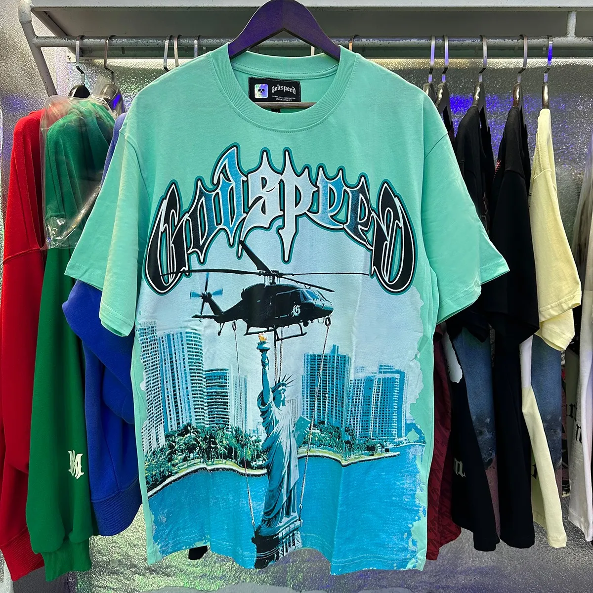 Actual photo, No. 7076, Mechao Godspeed Helicopter Statue of Liberty print high quality double yarn pure cotton casual short-sleeved T-shirt batch 110 Color: black, white, lake green; Size: SM L XL