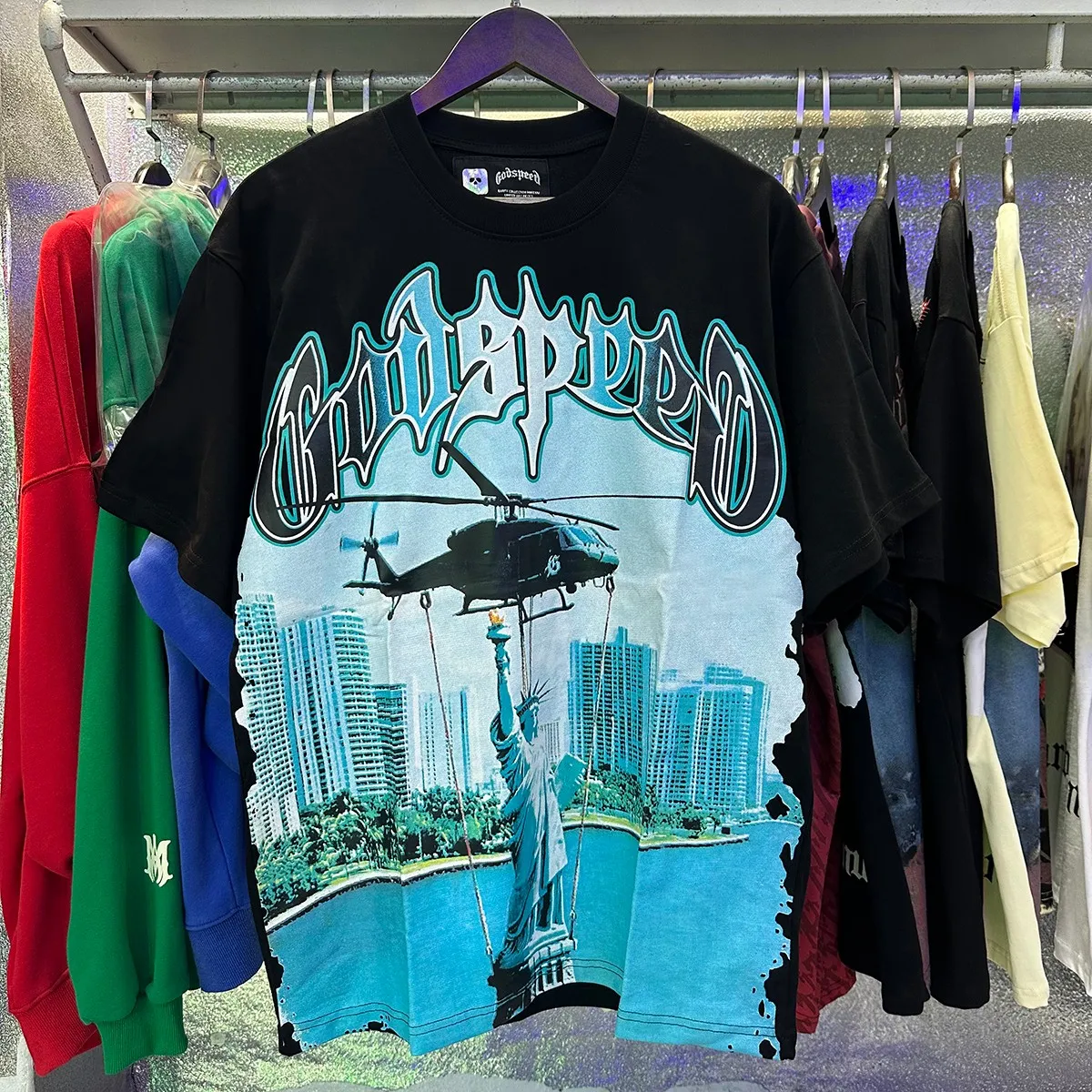 Actual photo, No. 7076, Mechao Godspeed Helicopter Statue of Liberty print high quality double yarn pure cotton casual short-sleeved T-shirt batch 110 Color: black, white, lake green; Size: SM L XL