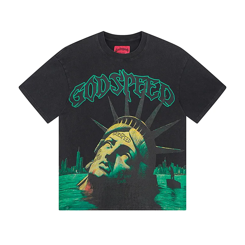 1069# P126 Washed Black Real Shot Godspeed American Fashion Rock Street Retro Washed Distressed Printed Pure Cotton Short Sleeves Fabric: 250g 32 Count Fine Cotton Double Yarn Pure Cotton Color: Washed Black Size: S M L XL