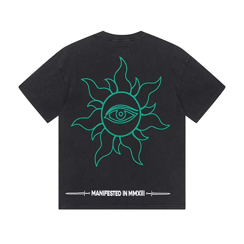 1069# P126 Washed Black Real Shot Godspeed American Fashion Rock Street Retro Washed Distressed Printed Pure Cotton Short Sleeves Fabric: 250g 32 Count Fine Cotton Double Yarn Pure Cotton Color: Washed Black Size: S M L XL
