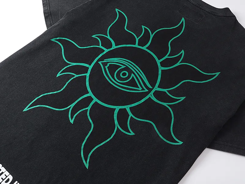 1069# P126 Washed Black Real Shot Godspeed American Fashion Rock Street Retro Washed Distressed Printed Pure Cotton Short Sleeves Fabric: 250g 32 Count Fine Cotton Double Yarn Pure Cotton Color: Washed Black Size: S M L XL