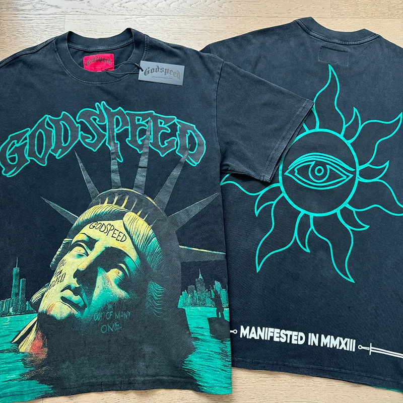 1069# P126 Washed Black Real Shot Godspeed American Fashion Rock Street Retro Washed Distressed Printed Pure Cotton Short Sleeves Fabric: 250g 32 Count Fine Cotton Double Yarn Pure Cotton Color: Washed Black Size: S M L XL