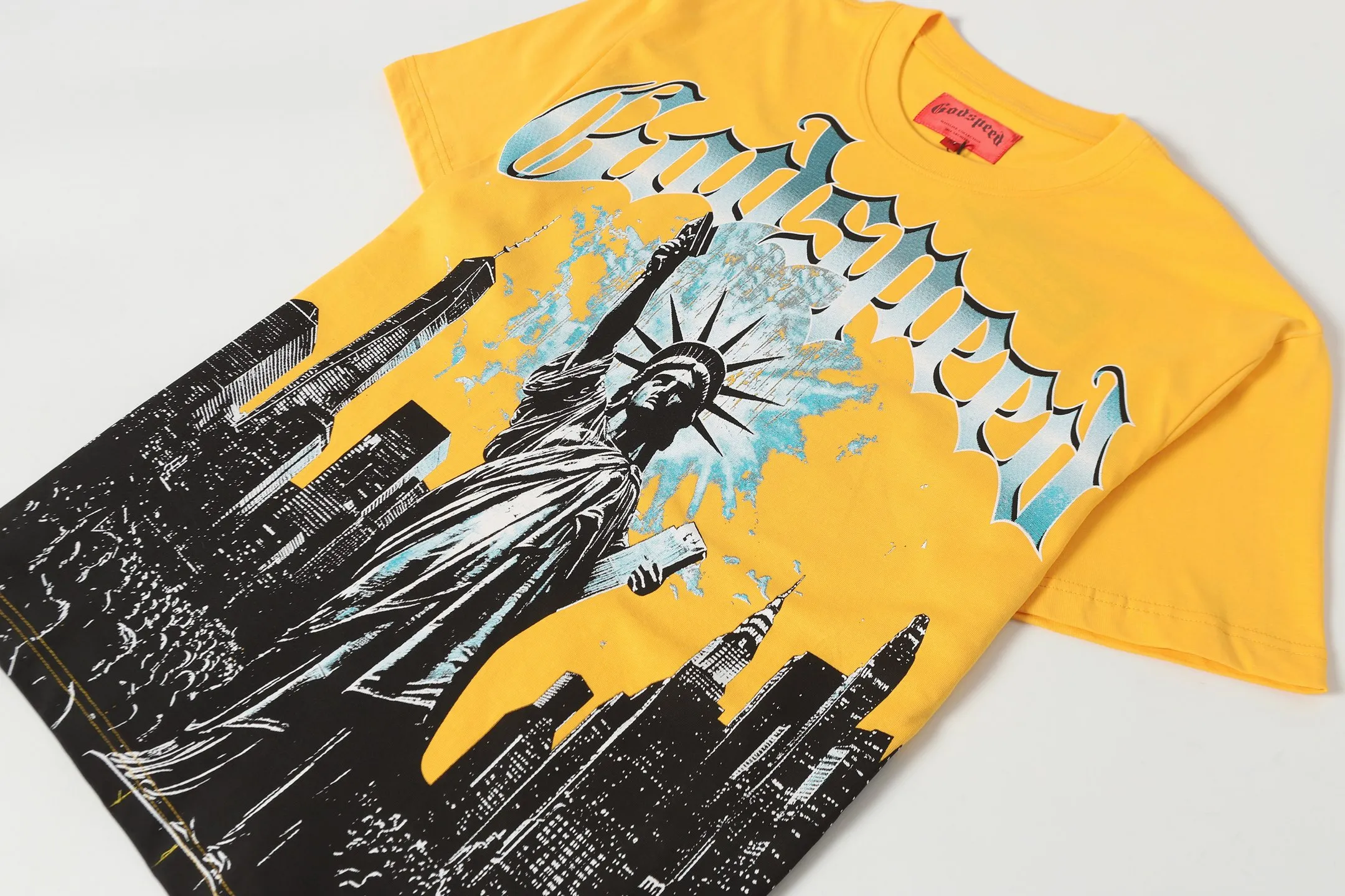 5099#golden｜P106 Godspeed cross-border American rock and roll street washed retro style short-sleeved T (craft printing) fabric (fabric): 32-count combed double yarn 240 grams weight code number (size): S-M-L-XL color (colour): golden yellow