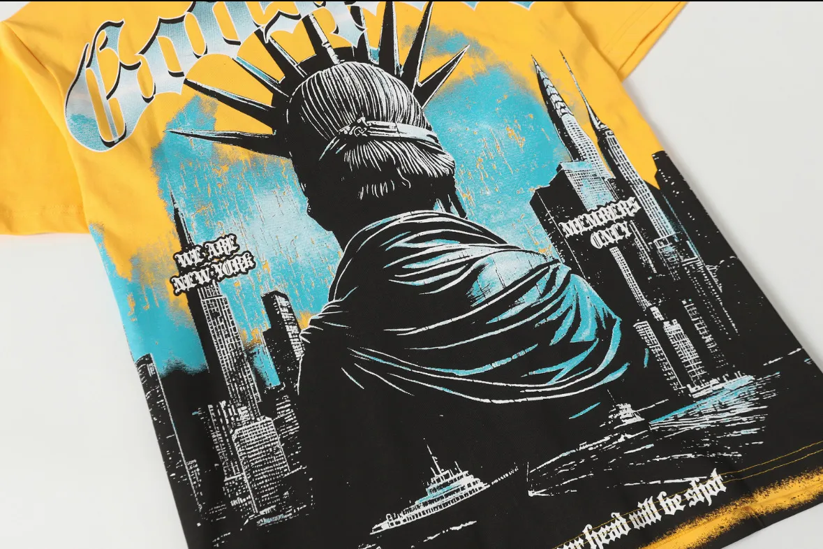 5099#golden｜P106 Godspeed cross-border American rock and roll street washed retro style short-sleeved T (craft printing) fabric (fabric): 32-count combed double yarn 240 grams weight code number (size): S-M-L-XL color (colour): golden yellow
