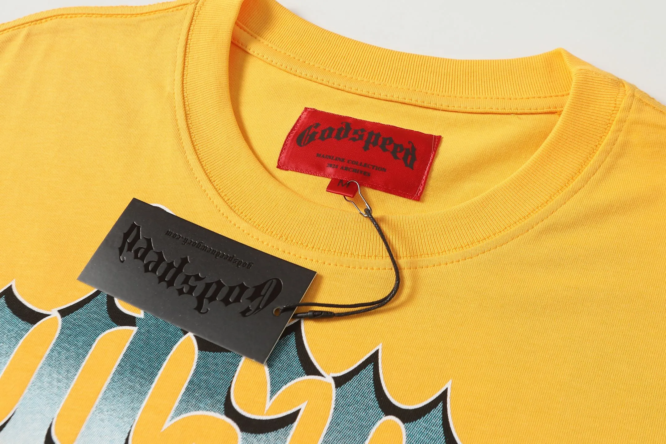 5099#golden｜P106 Godspeed cross-border American rock and roll street washed retro style short-sleeved T (craft printing) fabric (fabric): 32-count combed double yarn 240 grams weight code number (size): S-M-L-XL color (colour): golden yellow