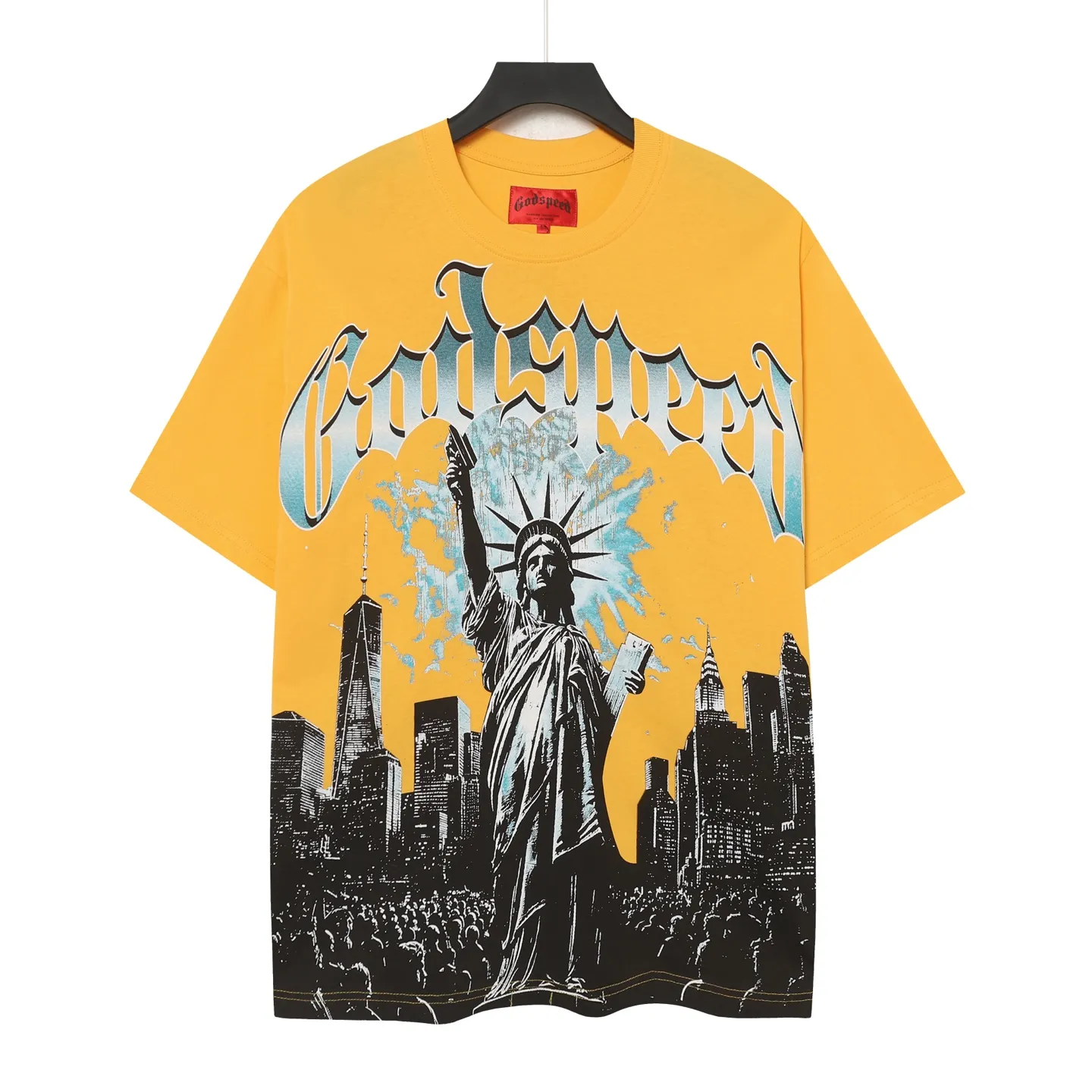 5099#golden｜P106 Godspeed cross-border American rock and roll street washed retro style short-sleeved T (craft printing) fabric (fabric): 32-count combed double yarn 240 grams weight code number (size): S-M-L-XL color (colour): golden yellow