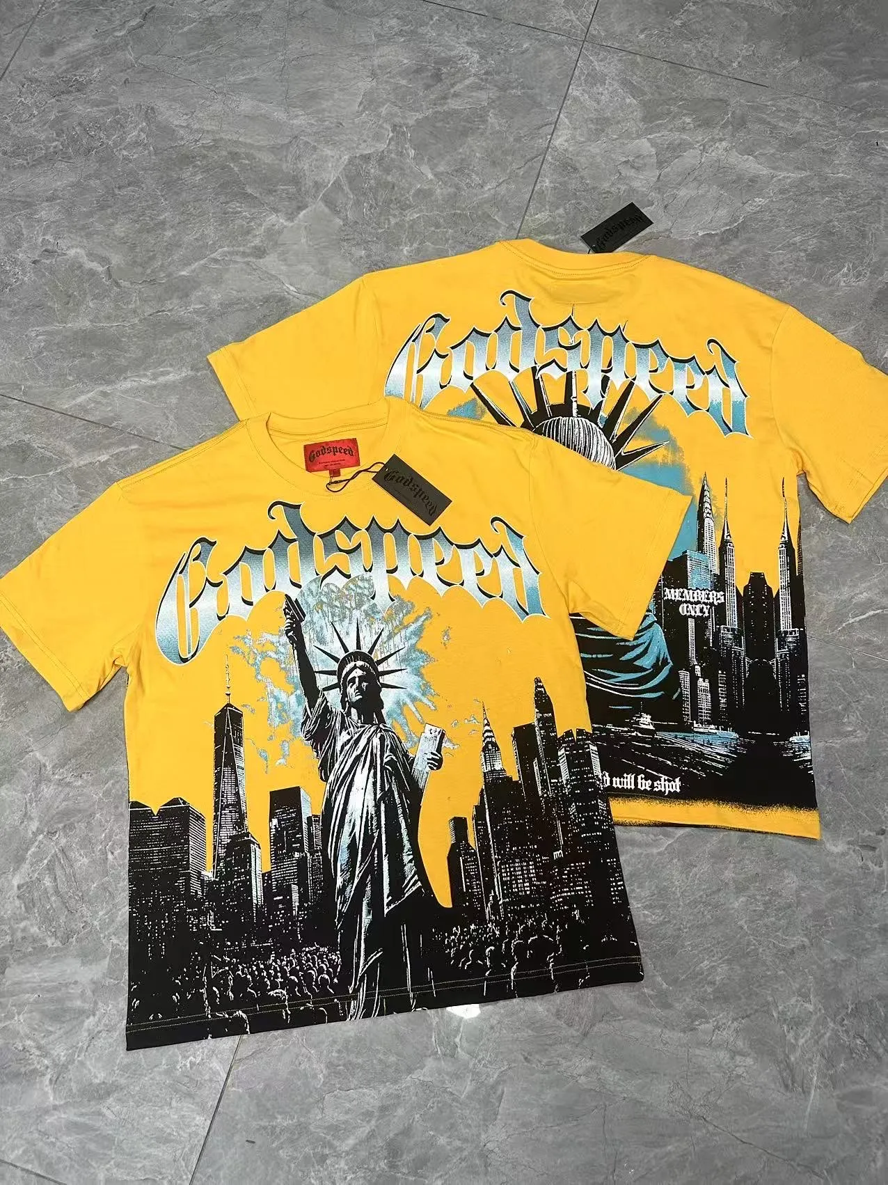 5099#golden｜P106 Godspeed cross-border American rock and roll street washed retro style short-sleeved T (craft printing) fabric (fabric): 32-count combed double yarn 240 grams weight code number (size): S-M-L-XL color (colour): golden yellow